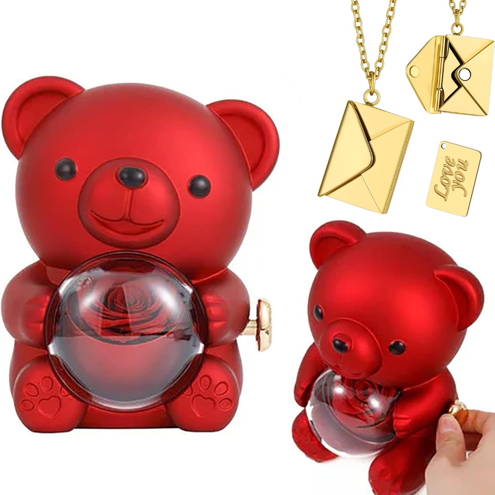 Rose Bear Box with Envelope Necklace